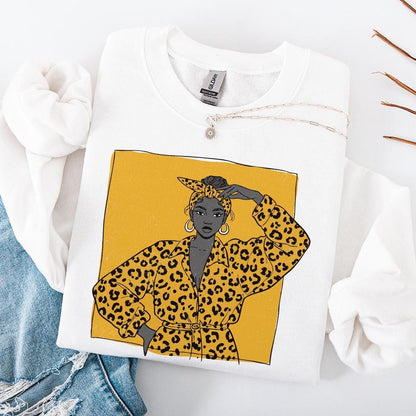 Bold Leopard Print Fashion Woman PNG, Empowered Afro Woman Illustration -