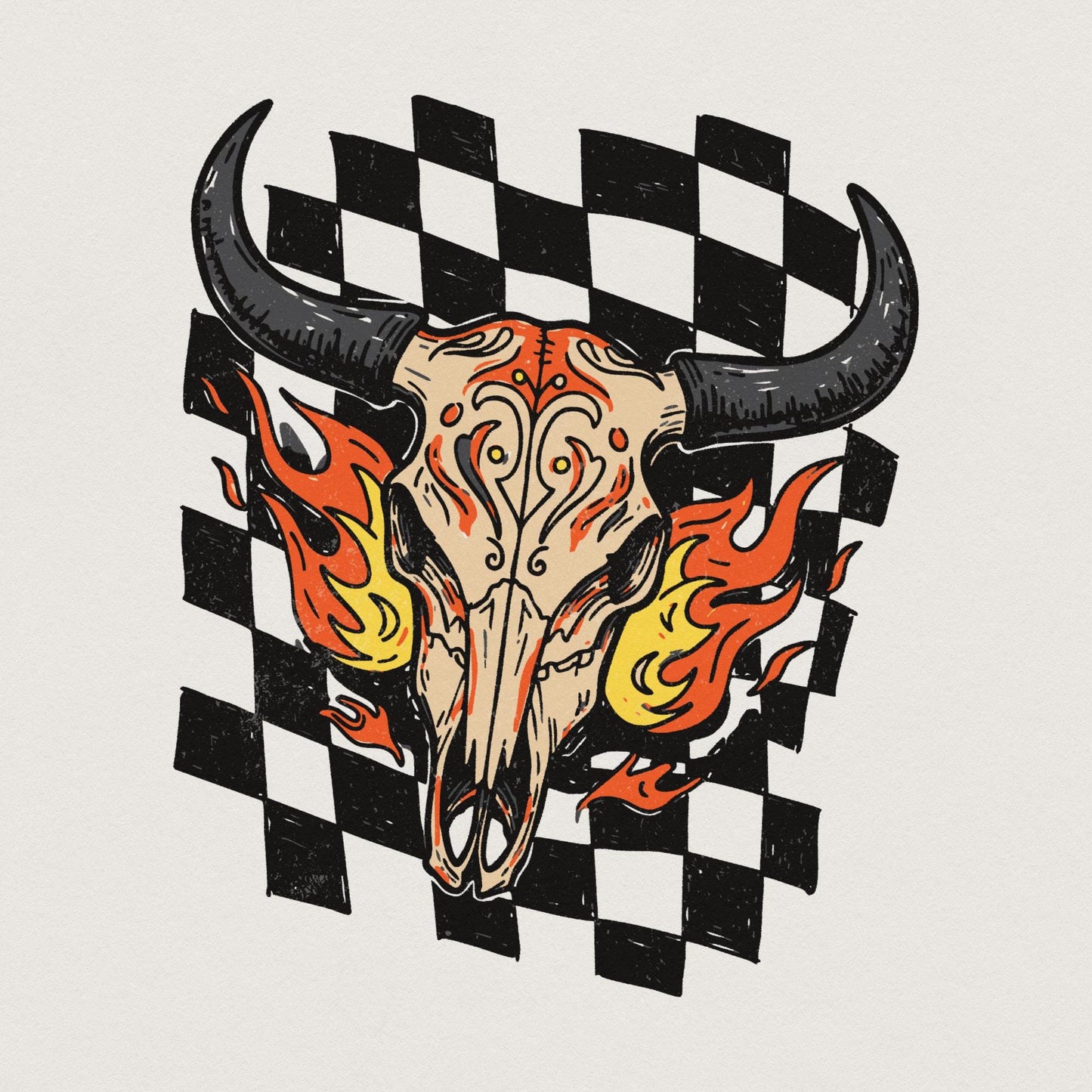 Retro Rodeo Western PNG, Checkered Print Bull - 300 DPI Design for T-Shirt