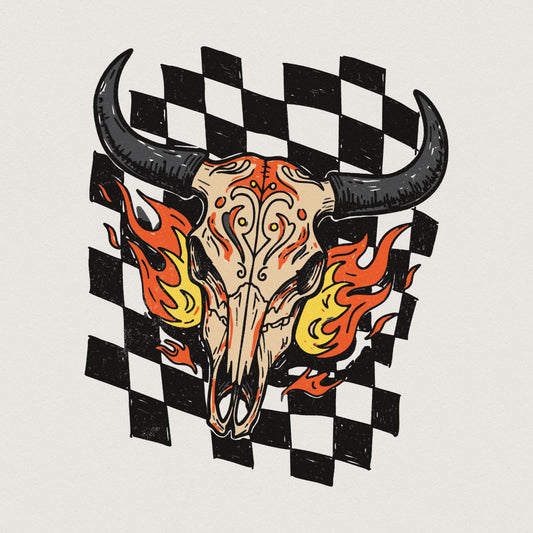 Retro Rodeo Western PNG, Checkered Print Bull - 300 DPI Design for T-Shirt