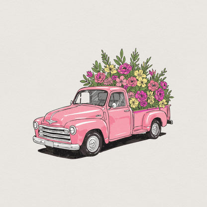 Pink Vintage Truck Floral PNG, Spring Flower Truck Illustration - 300 DPI