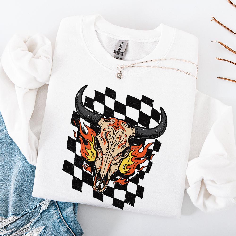 Retro Rodeo Western PNG, Checkered Print Bull - 300 DPI Design for T-Shirt