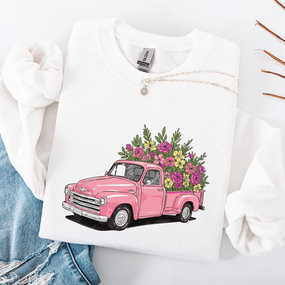 Pink Vintage Truck Floral PNG, Spring Flower Truck Illustration - 300 DPI