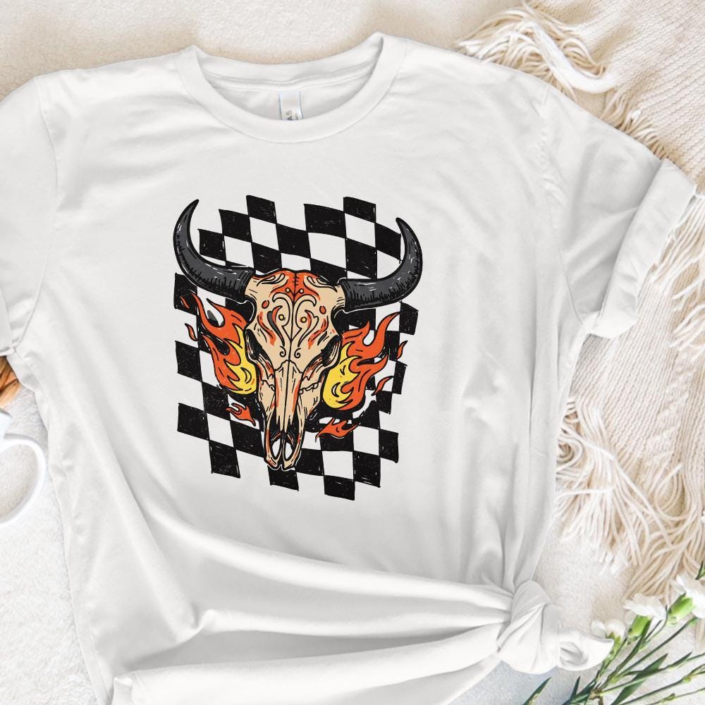 Retro Rodeo Western PNG, Checkered Print Bull - 300 DPI Design for T-Shirt