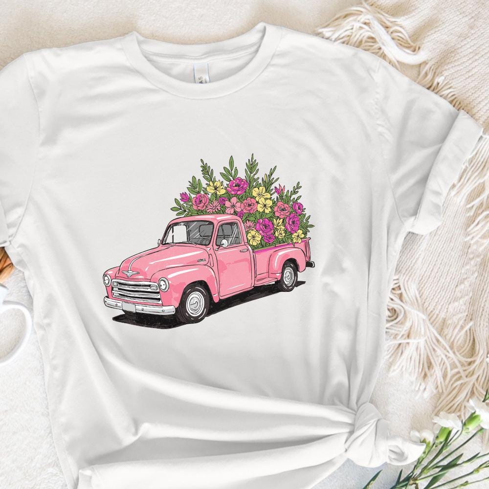 Pink Vintage Truck Floral PNG, Spring Flower Truck Illustration - 300 DPI