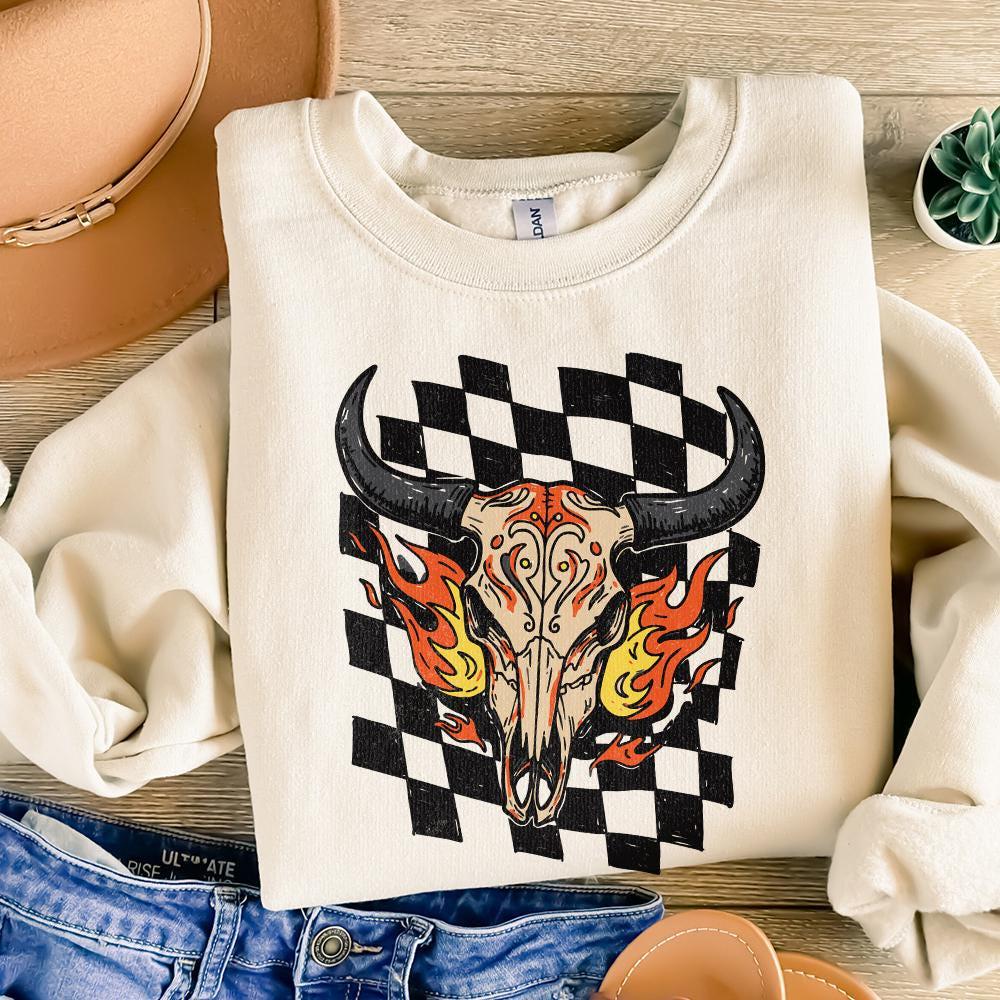 Retro Rodeo Western PNG, Checkered Print Bull - 300 DPI Design for T-Shirt
