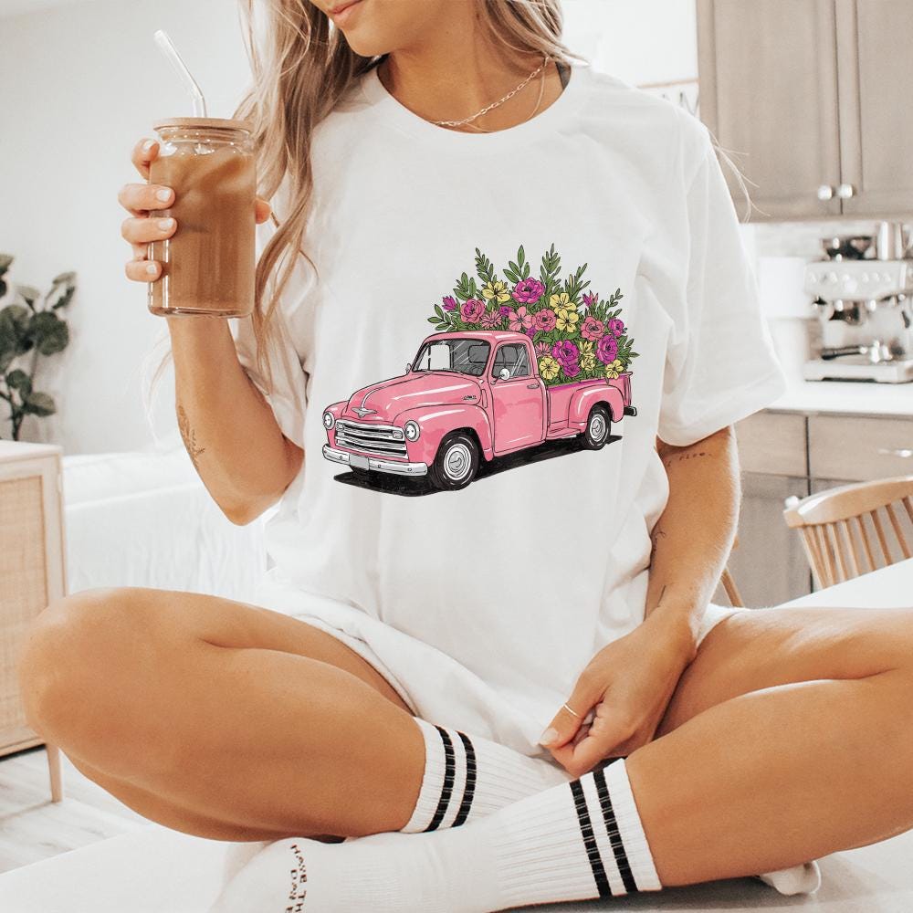 Pink Vintage Truck Floral PNG, Spring Flower Truck Illustration - 300 DPI