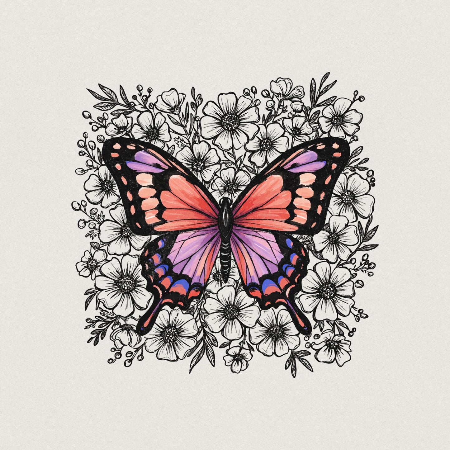 Colorful Butterfly Floral PNG, Botanical Butterfly Illustration - 300 DPI