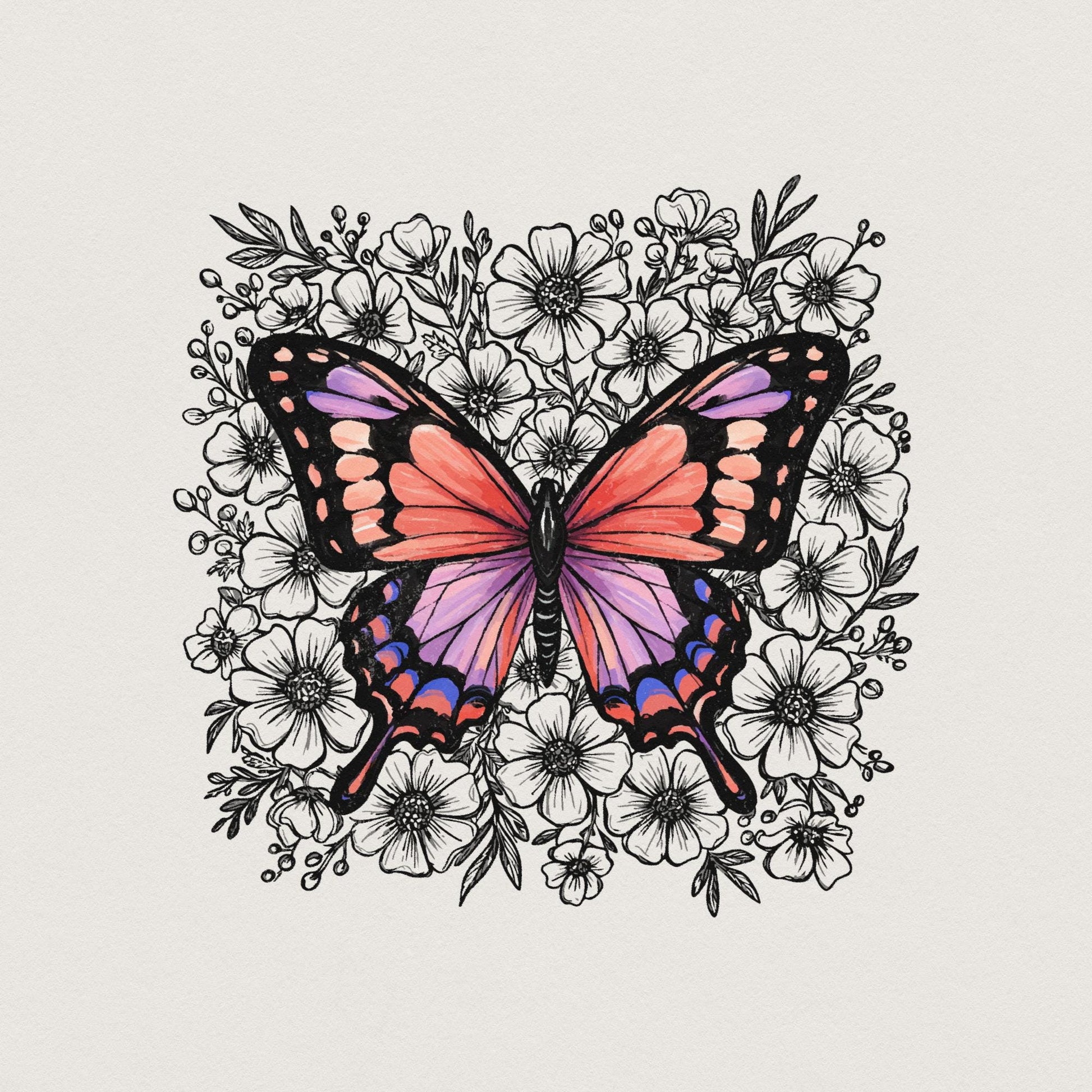Colorful Butterfly Floral PNG, Botanical Butterfly Illustration - 300 DPI