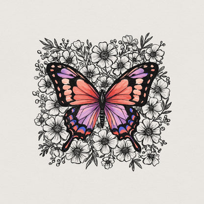 Colorful Butterfly Floral PNG, Botanical Butterfly Illustration - 300 DPI