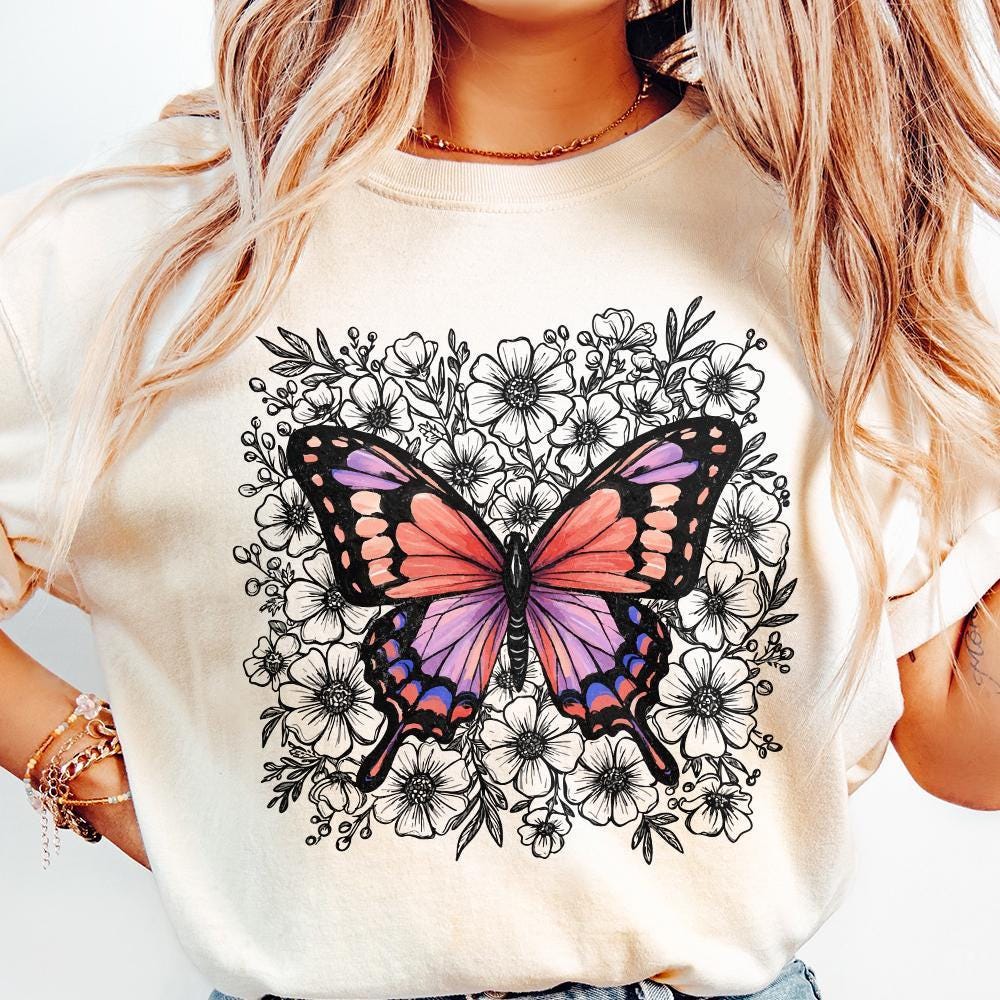 Colorful Butterfly Floral PNG, Botanical Butterfly Illustration - 300 DPI