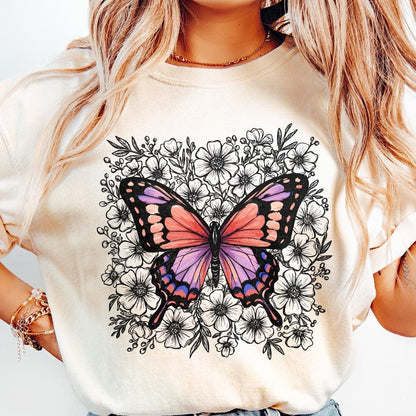 Colorful Butterfly Floral PNG, Botanical Butterfly Illustration - 300 DPI