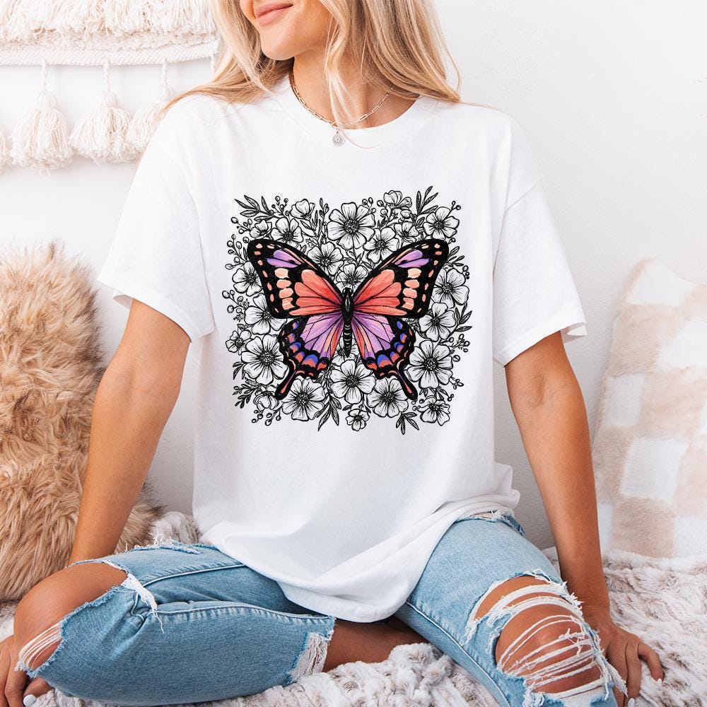 Colorful Butterfly Floral PNG, Botanical Butterfly Illustration - 300 DPI