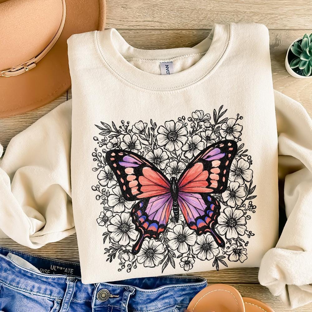 Colorful Butterfly Floral PNG, Botanical Butterfly Illustration - 300 DPI