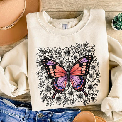 Colorful Butterfly Floral PNG, Botanical Butterfly Illustration - 300 DPI
