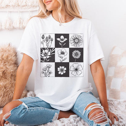 Taupe Checkered Boho Flower PNG, Neutral Daisy Design - 300 DPI Design