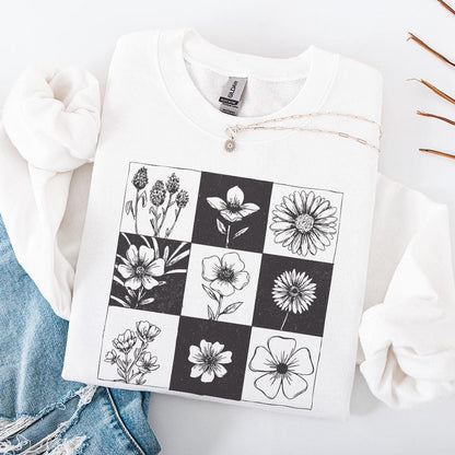 Taupe Checkered Boho Flower PNG, Neutral Daisy Design - 300 DPI Design