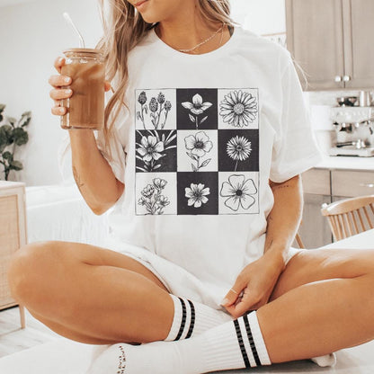 Taupe Checkered Boho Flower PNG, Neutral Daisy Design - 300 DPI Design