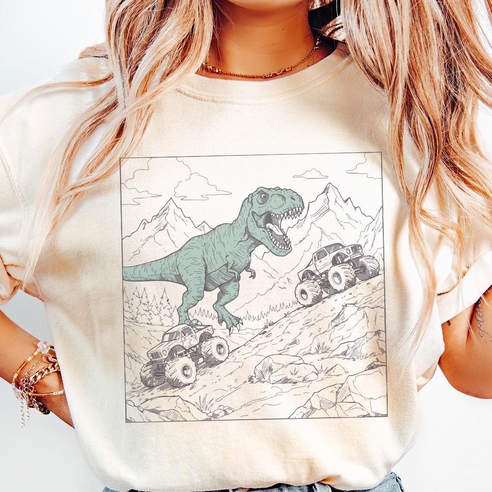 Dinosaur Big Trucks Sublimation PNG, Kids T-Rex Shirt Design - 300 DPI