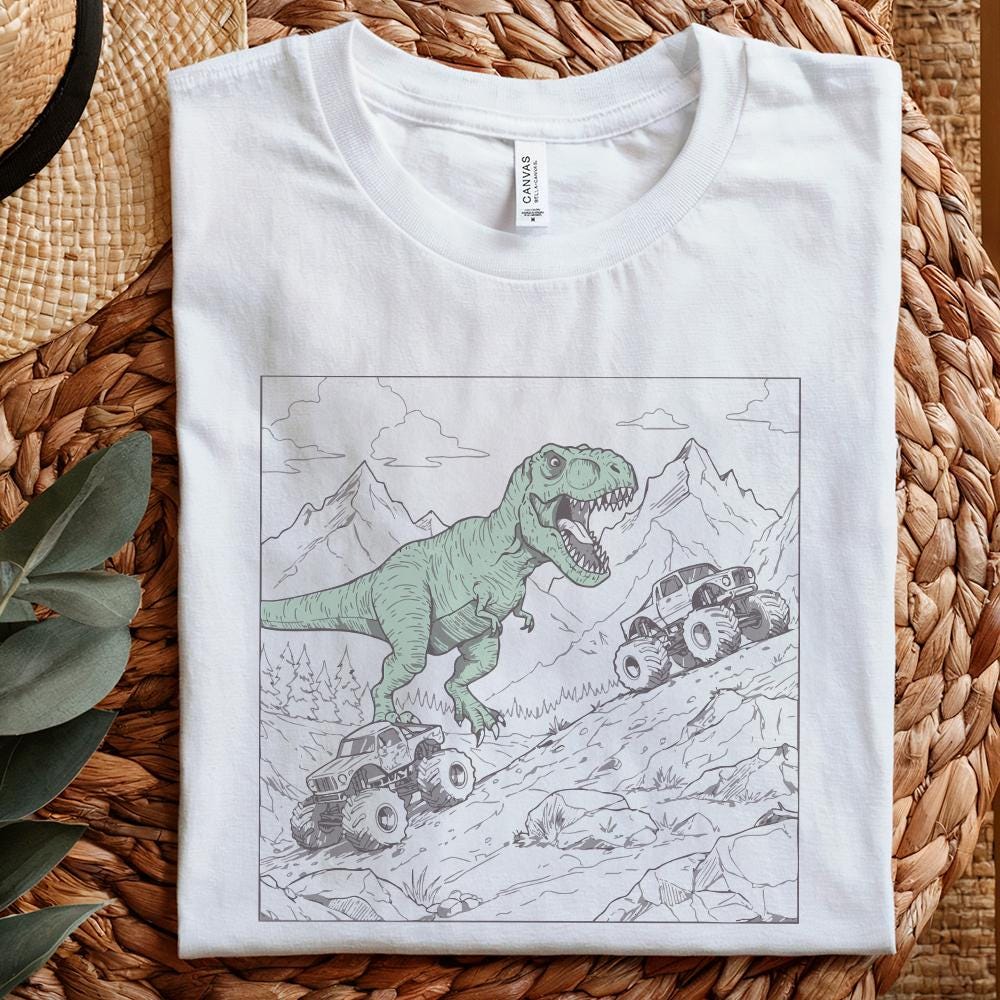 Dinosaur Big Trucks Sublimation PNG, Kids T-Rex Shirt Design - 300 DPI