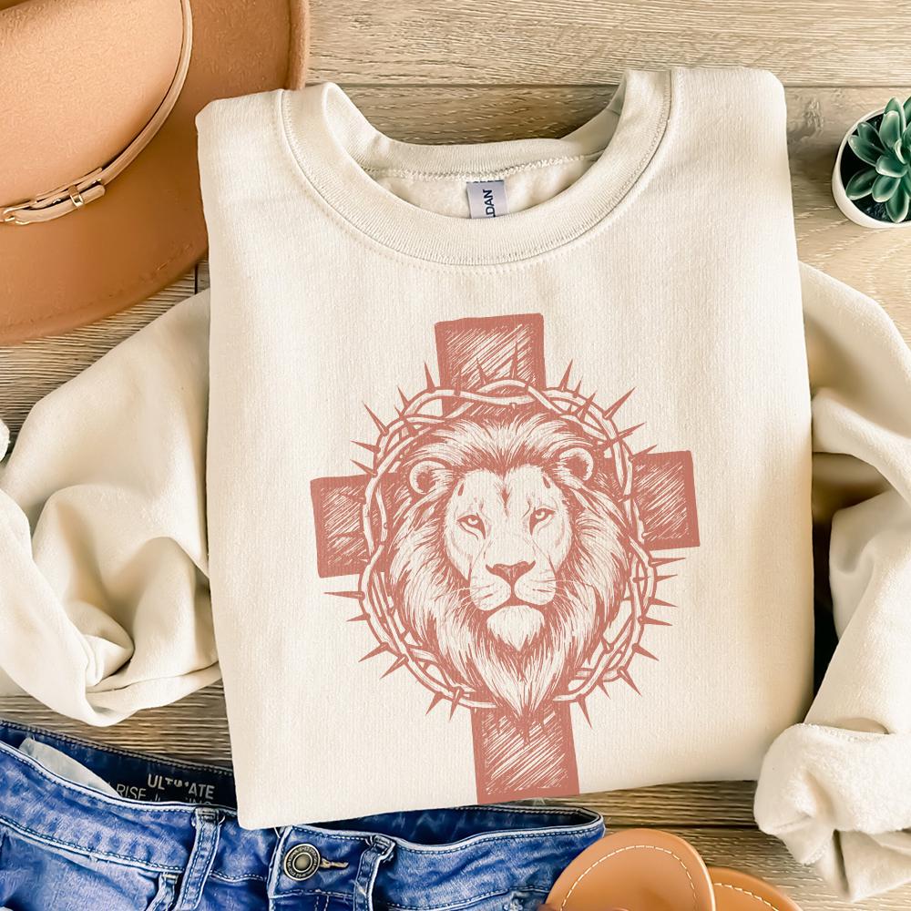 Cross Lion PNG, Lion of Judah Crown of Thorns Illustration - 300 DPI