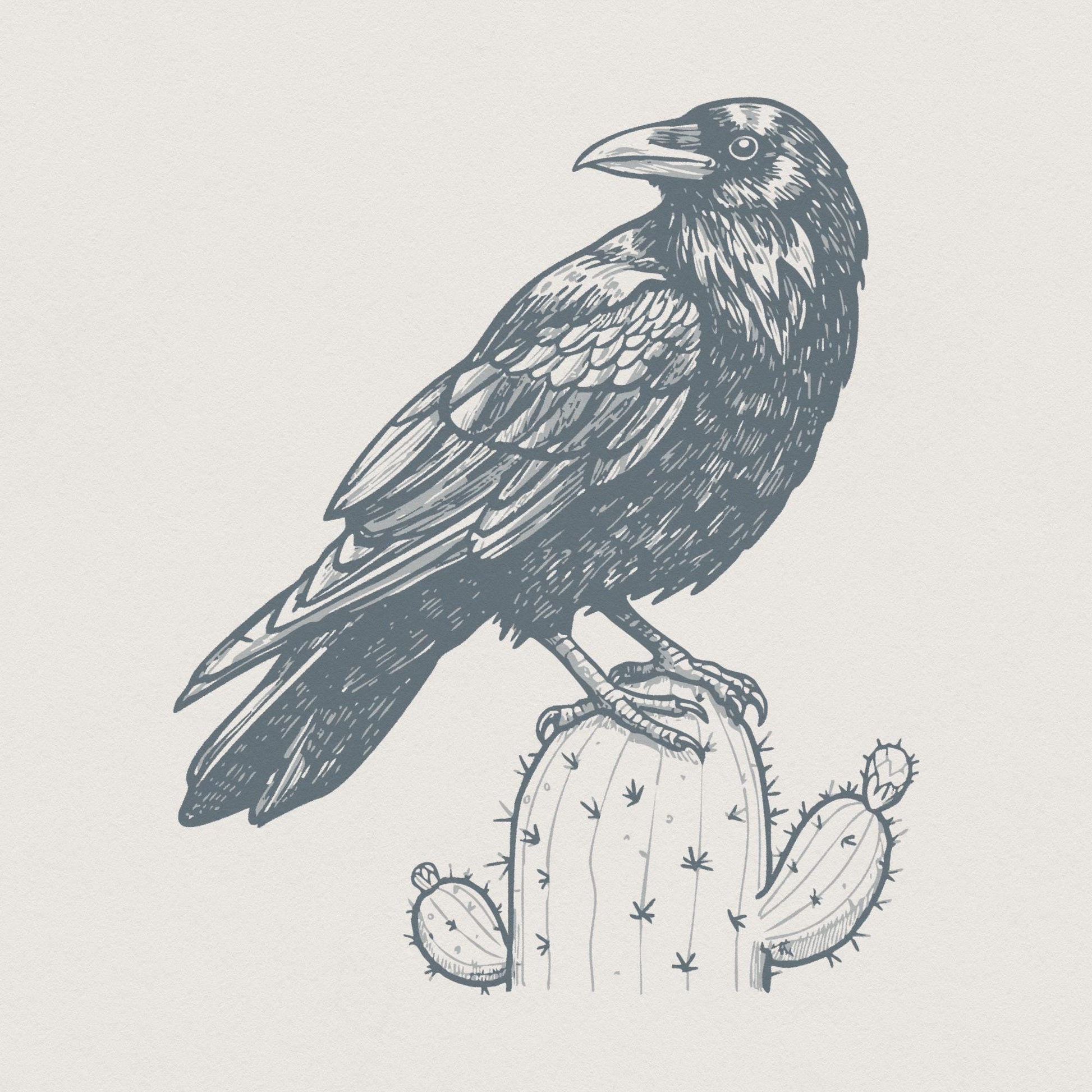 Cactus Crow PNG Digital Download, Retro Vintage Clip Art - 300 DPI Design