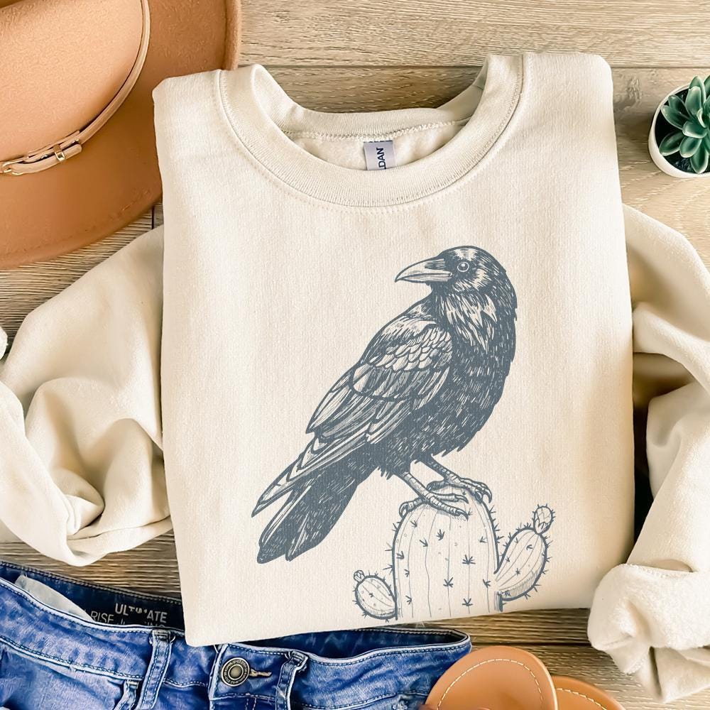 Cactus Crow PNG Digital Download, Retro Vintage Clip Art - 300 DPI Design