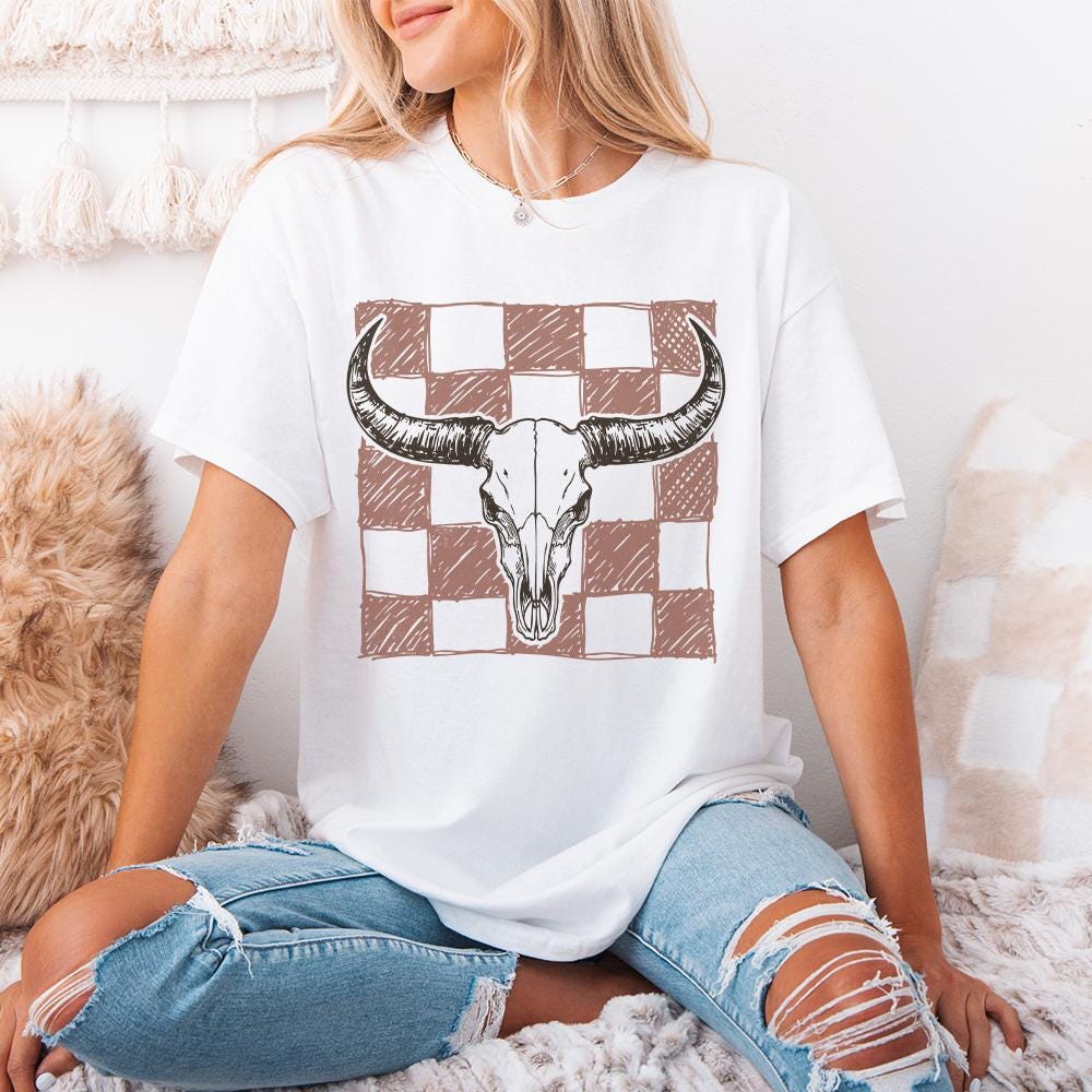 Checkered Longhorn Skull PNG, Western Bull Skull - 300 DPI Design for