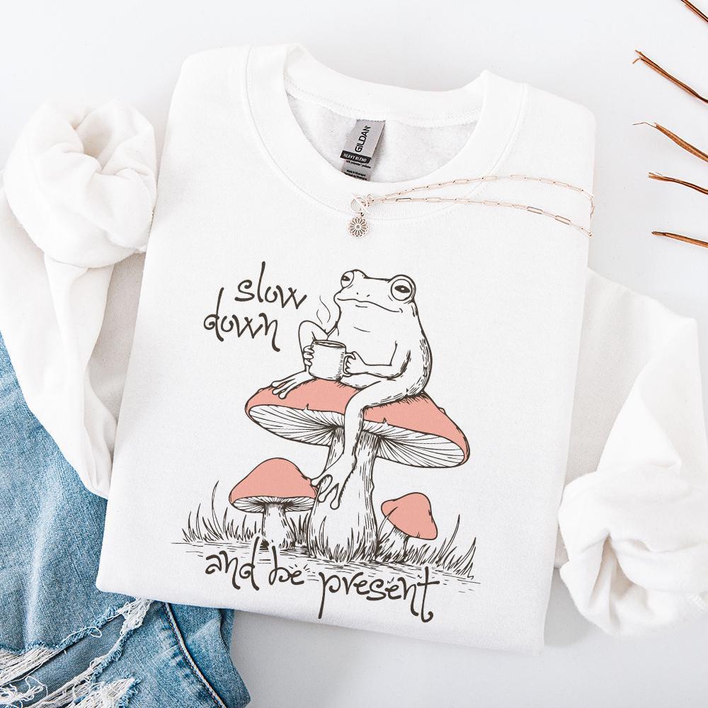 Slow Down Be Present PNG, Trendy Artsy Frog Mushroom Design - 300 DPI