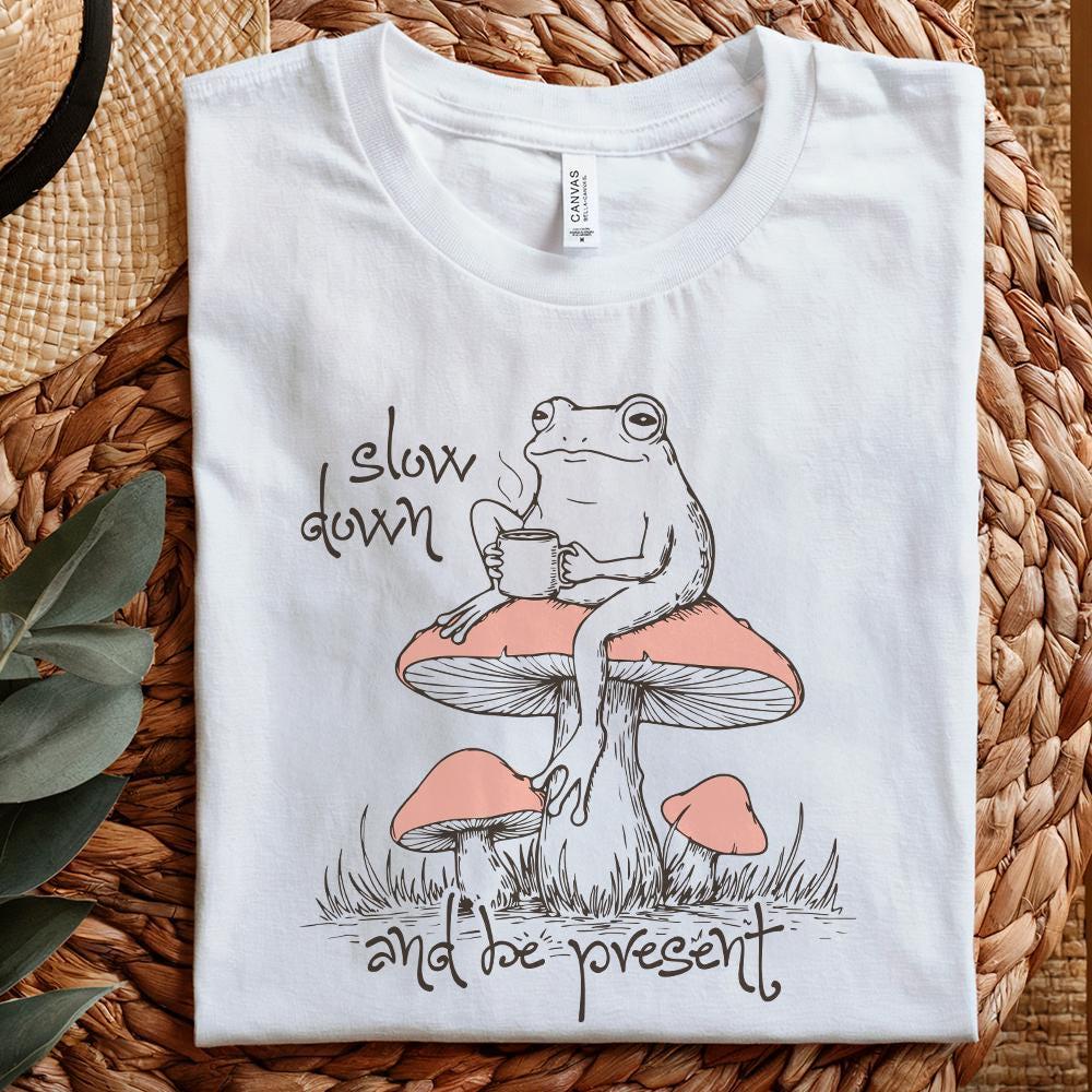 Slow Down Be Present PNG, Trendy Artsy Frog Mushroom Design - 300 DPI