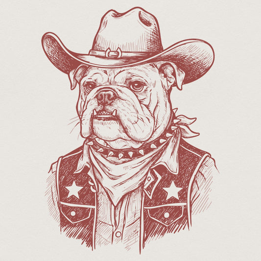 Cowboy Bulldog PNG, Western Dog Illustration - 300 DPI Design for T-Shirt