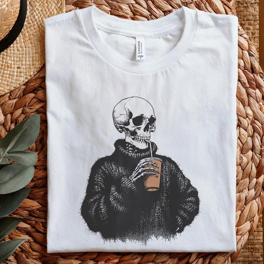 Vintage Skull Drinking Coffee PNG, Sarcastic Skeleton Design - 300 DPI