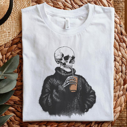Vintage Skull Drinking Coffee PNG, Sarcastic Skeleton Design - 300 DPI