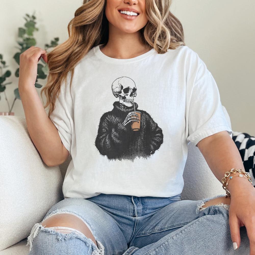 Vintage Skull Drinking Coffee PNG, Sarcastic Skeleton Design - 300 DPI