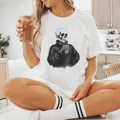 Vintage Skull Drinking Coffee PNG, Sarcastic Skeleton Design - 300 DPI