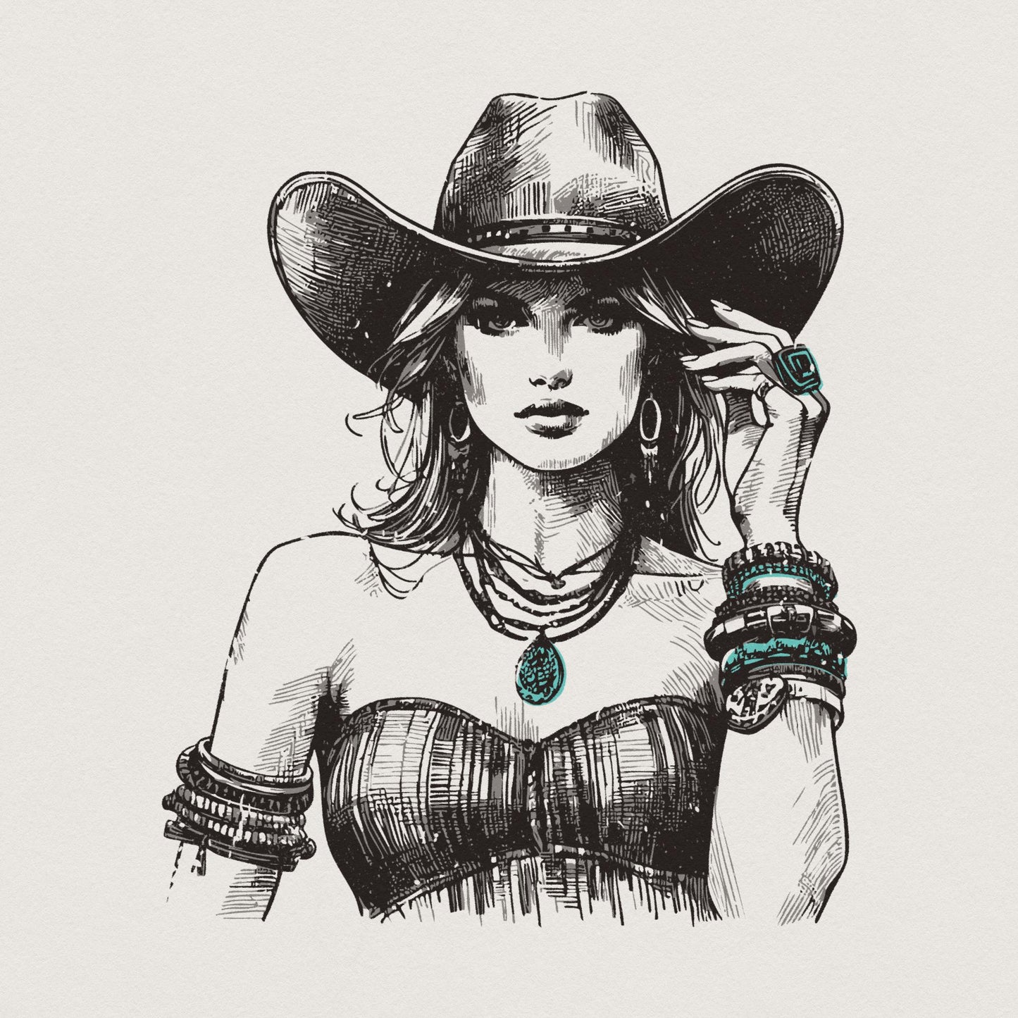 Stylish Vintage Western Cowgirl PNG Art - Boho Chic Rodeo Woman