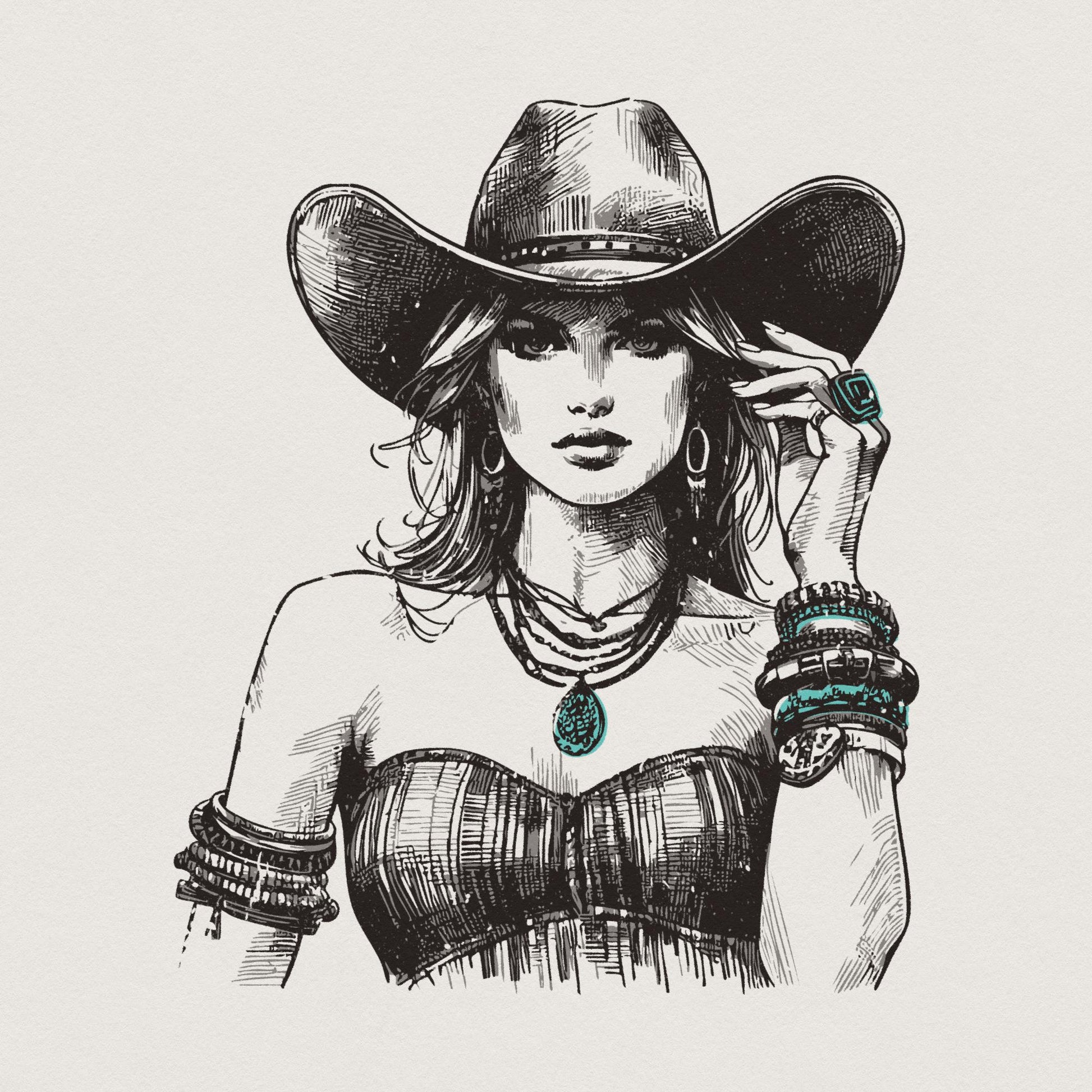 Stylish Vintage Western Cowgirl PNG Art - Boho Chic Rodeo Woman
