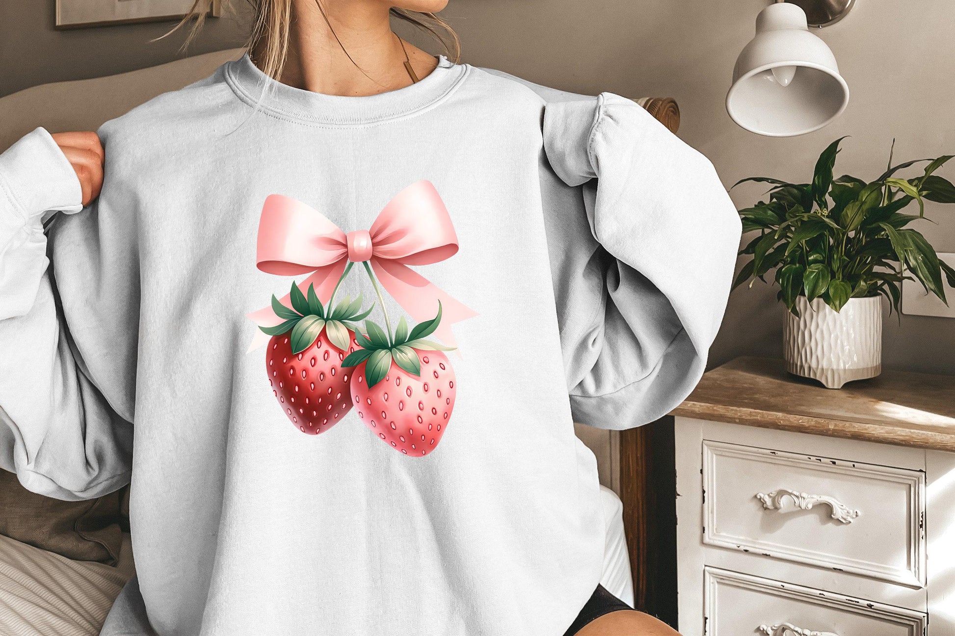 Coquette Strawberry Pink Bow PNG, Aesthetic Sublimation Design - 300 DPI