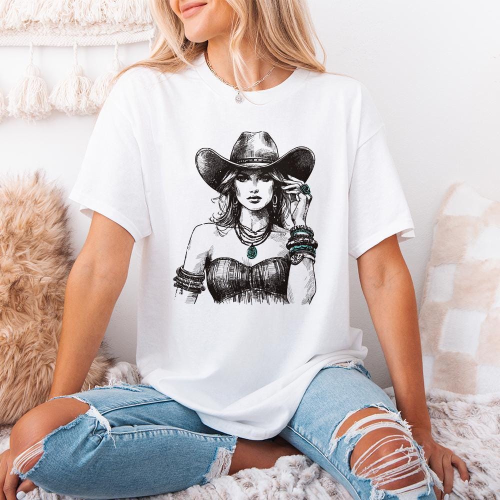 Stylish Vintage Western Cowgirl PNG Art - Boho Chic Rodeo Woman