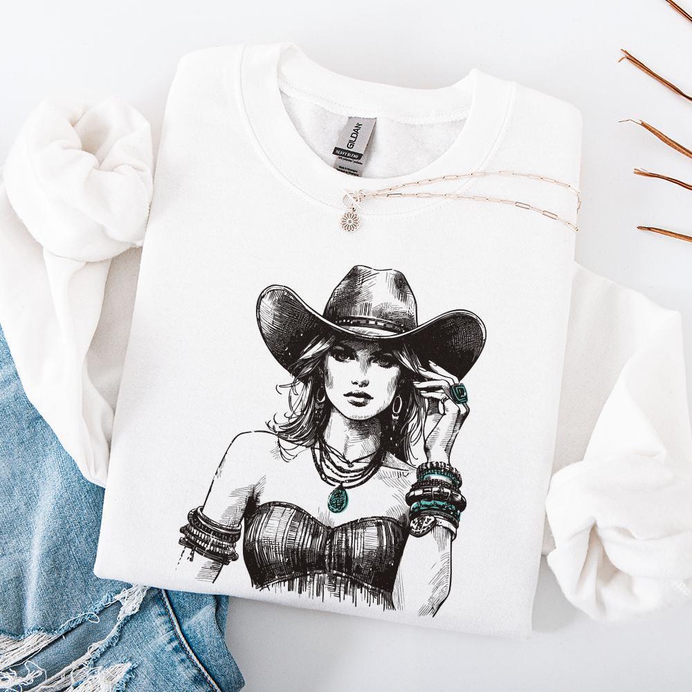 Stylish Vintage Western Cowgirl PNG Art - Boho Chic Rodeo Woman