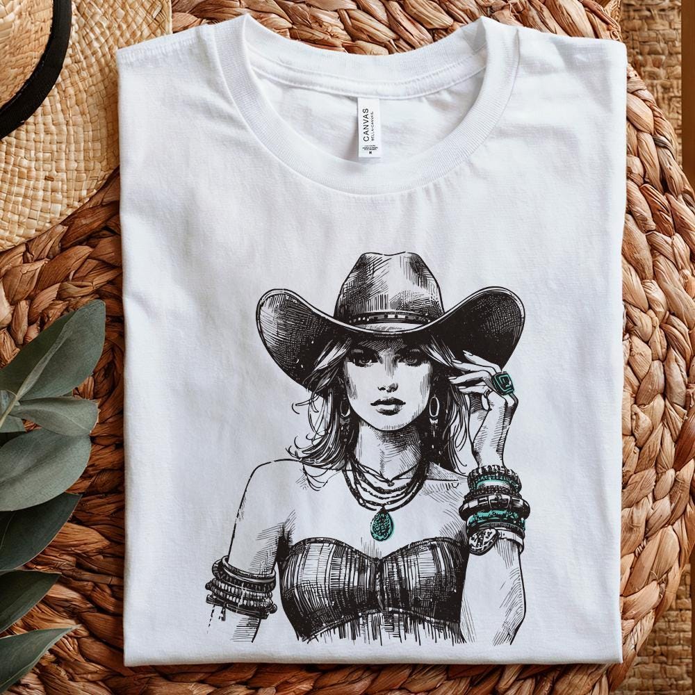 Stylish Vintage Western Cowgirl PNG Art - Boho Chic Rodeo Woman