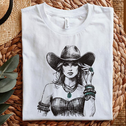 Stylish Vintage Western Cowgirl PNG Art - Boho Chic Rodeo Woman