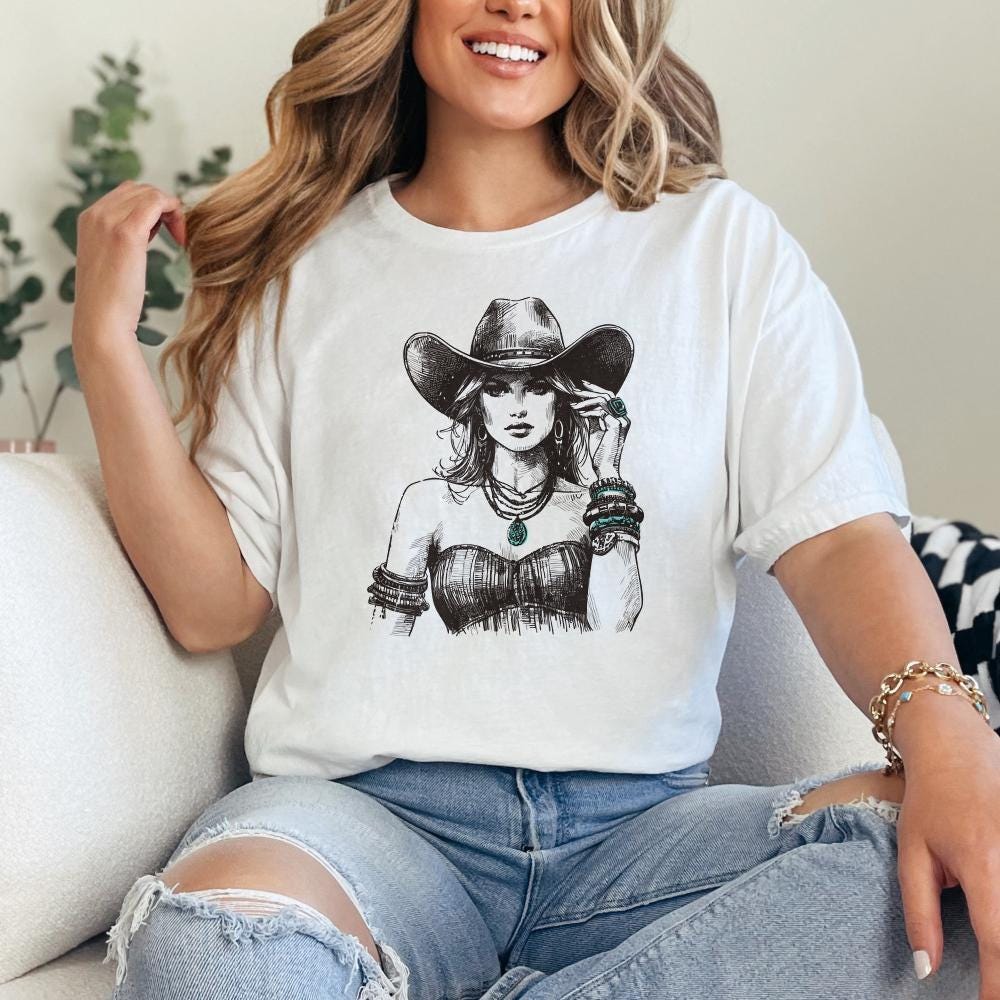 Stylish Vintage Western Cowgirl PNG Art - Boho Chic Rodeo Woman