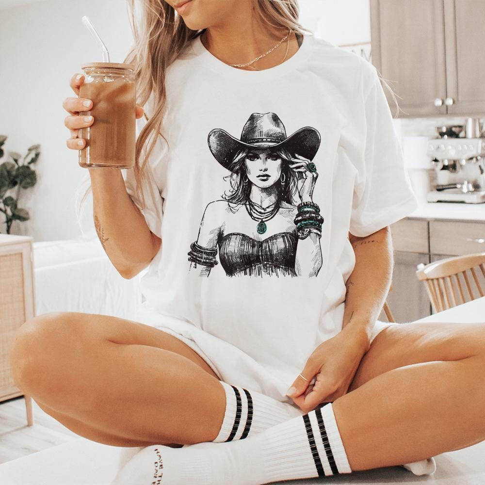 Stylish Vintage Western Cowgirl PNG Art - Boho Chic Rodeo Woman