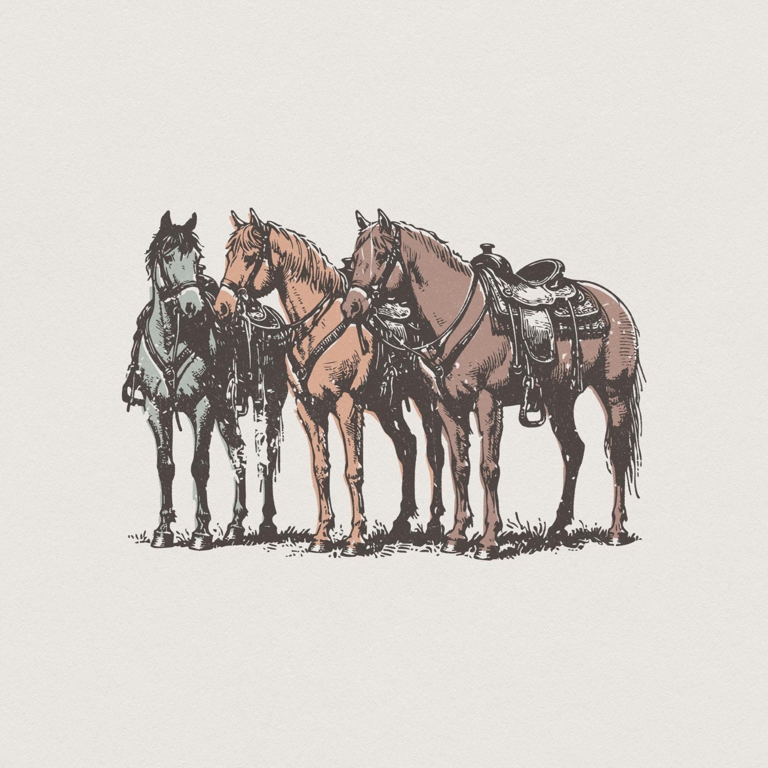 Detailed hand-drawn sketch of three horses standing together with saddles and reins in muted teal, tan, and brown for western sublimation projects.