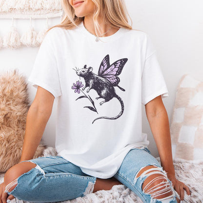 Cute winged rat clipart with purple butterfly wings and a floral accent, perfect for fairy core themed sublimation and craft projects.