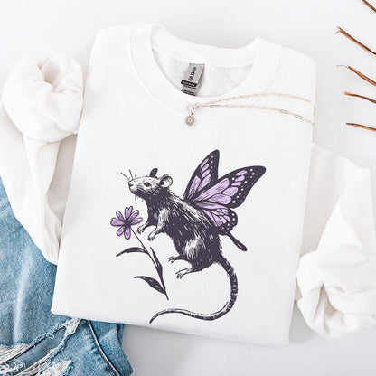 Hand-drawn fairy rat digital art with butterfly wings in soft purple, suitable for custom apparel, stickers, and cottagecore wall art.