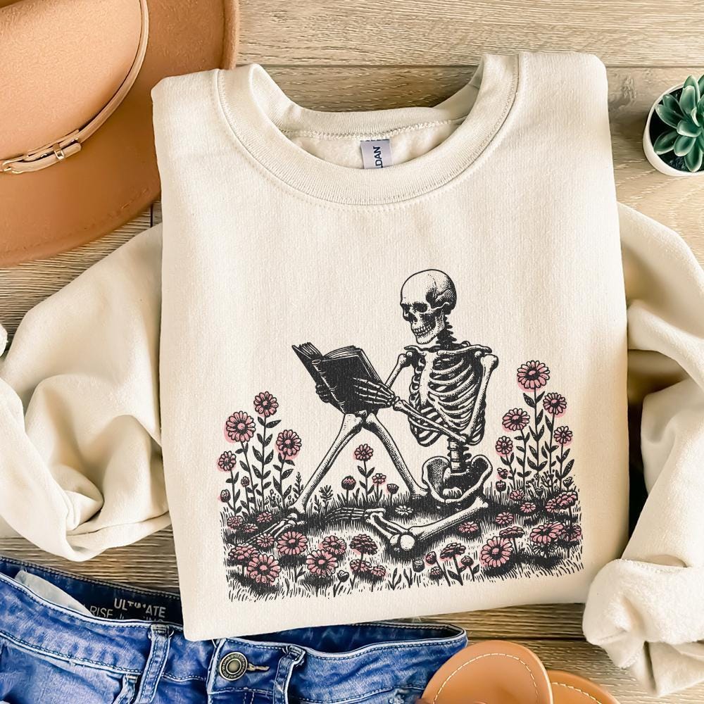 Book Reading Skeleton PNG, Gothic T-shirt Design - 300 DPI Design for
