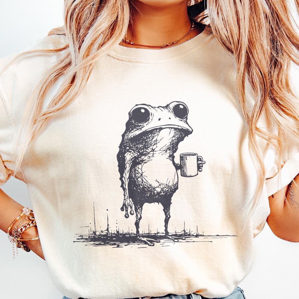 Sarcastic Frog with Coffee Cup PNG, Funny Animal Design - 300 DPI Design