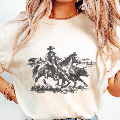 Vintage Cowboy Horse PNG Retro Wrangler Art Western Rodeo Cattle