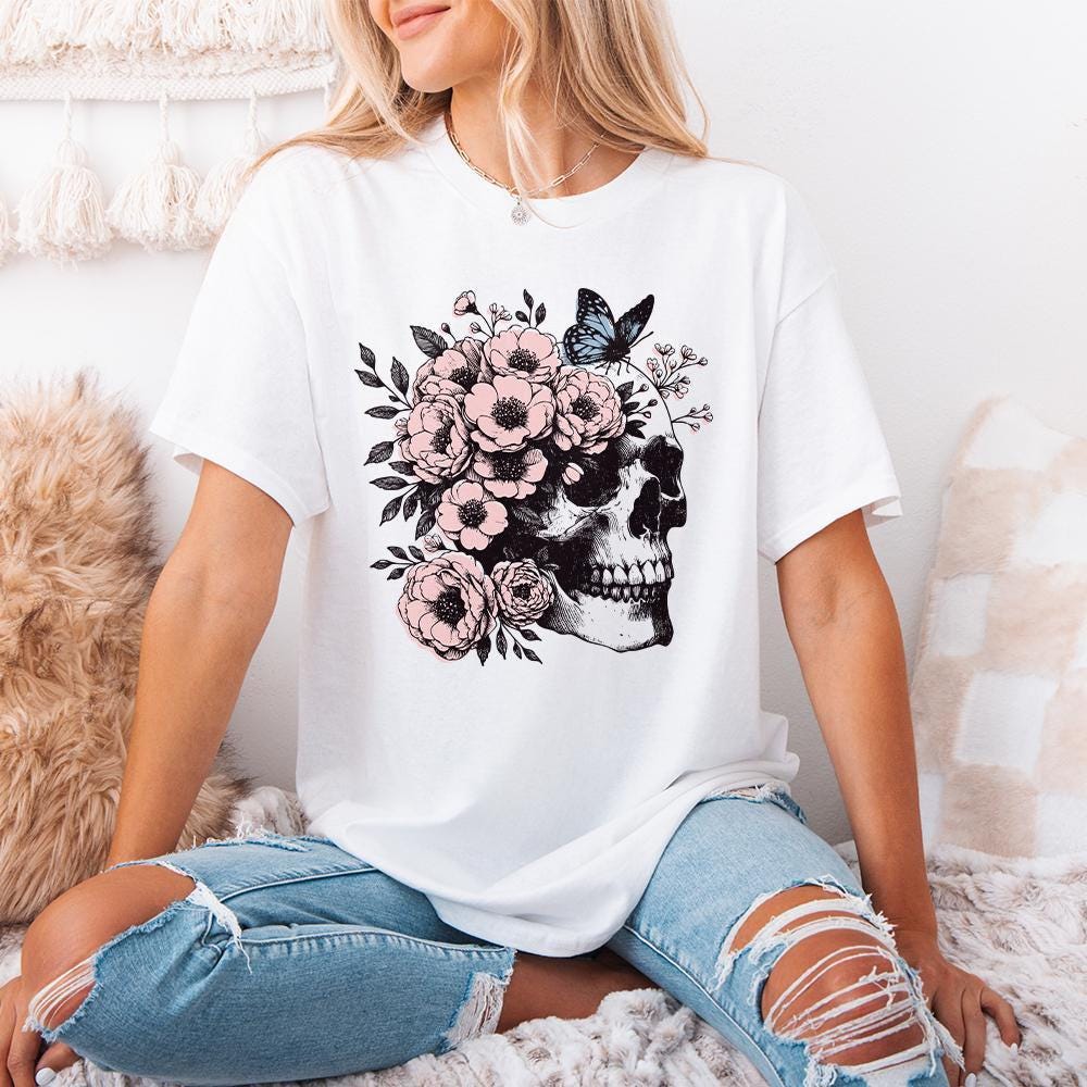 Floral Skull Clipart PNG, Skull Sublimation Art - 300 DPI Design for